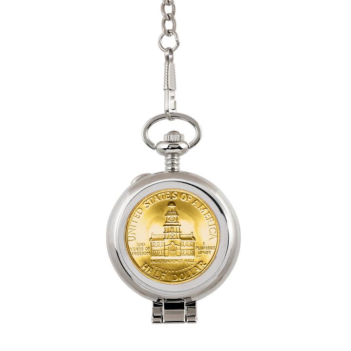 Gold-Layered JFK Bicentennial Half Dollar Coin Pocket Watch for wholesale by American Coin Treasures
