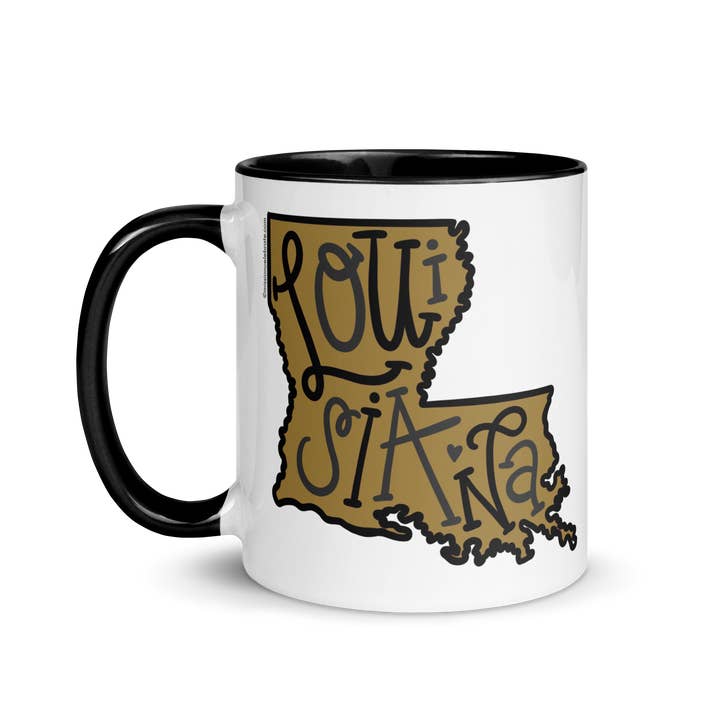Ceramic Mug with Louisiana Bouncy Letters Handdrawn Art (black & gold) for wholesale by Mission Celebrate