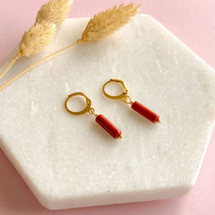Red jasper tube earrings gold for wholesale by Mystic Jewelry