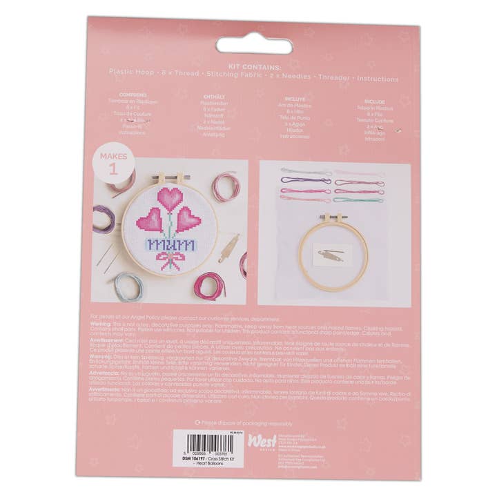 West Design Products - Wholesale Embroidery/Cross Stitch Supplies - Simply Make Cross Stitch Kit - Heart Balloons1