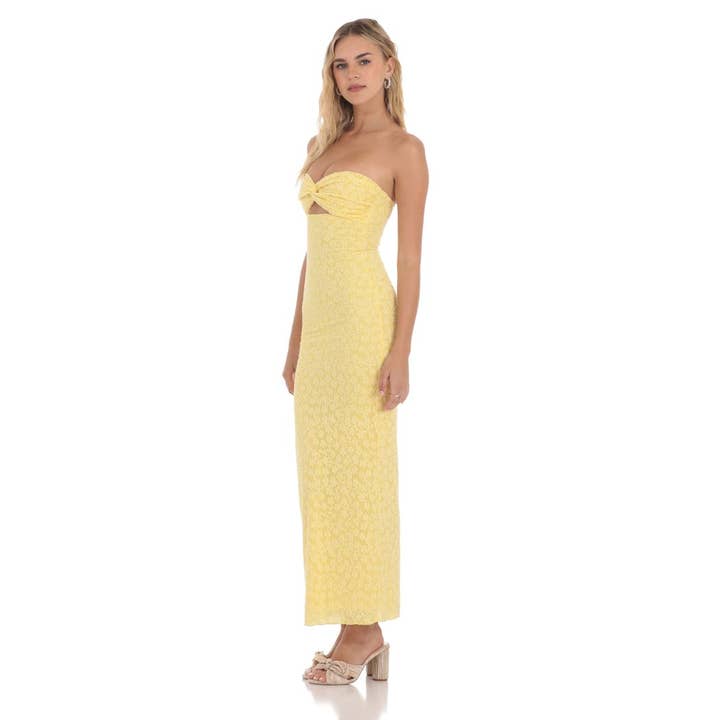 Lucy In The Sky - Wholesale Dress - Women's - Strapless Textured Floral Twist Maxi Dress in Yellow