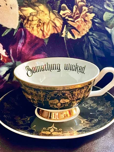Black Nouveau Something Wicked cup and saucer for wholesale by misshavishamscuriosities