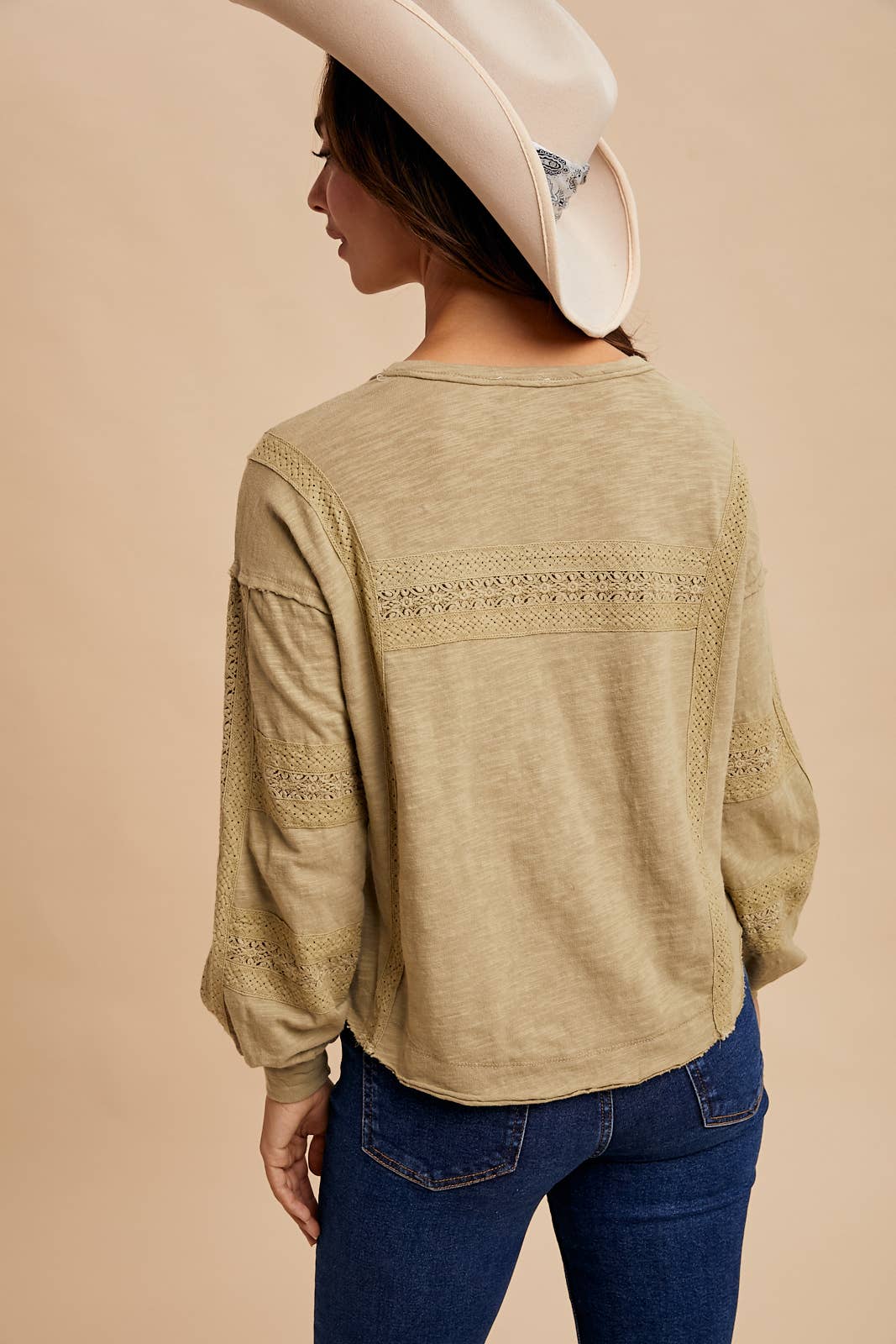 In Loom - Wholesale Blouse - Women's - GARMENT WASHED LACE INSET LONG SLEEVE TOP2