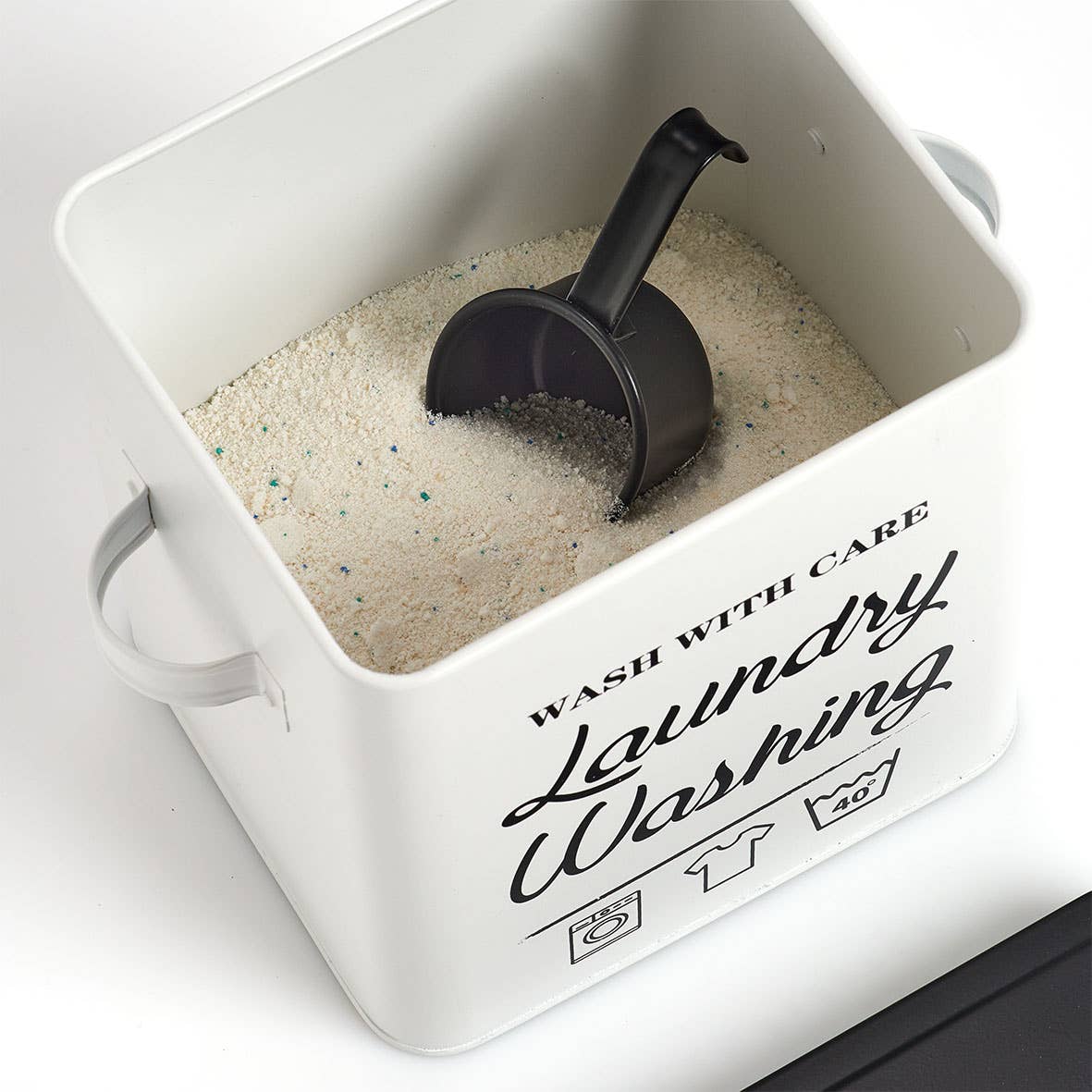 white black Laundry powder box "Laundry", metal, white/black for wholesale on Faire2