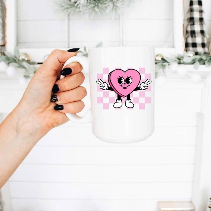 Tazza da 15 once, tazza da caffè retrò Candy Heart, giorno di San Valentino per la vendita all'ingrosso da parte di Boho Sips