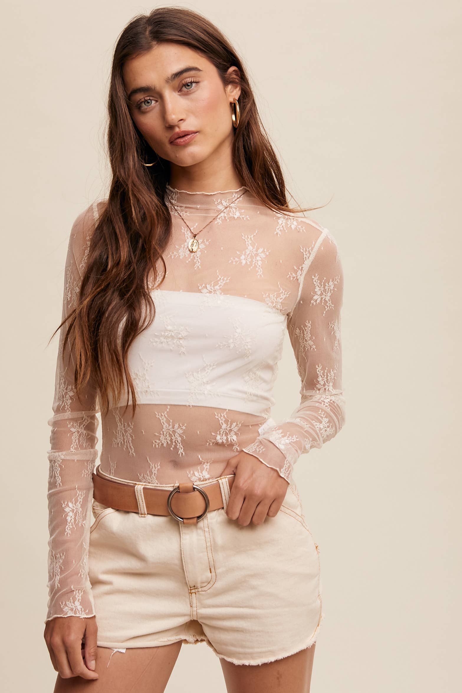 Listicle - Wholesale Blouse - Women's - Sheer Lace Long-Sleeve Top76
