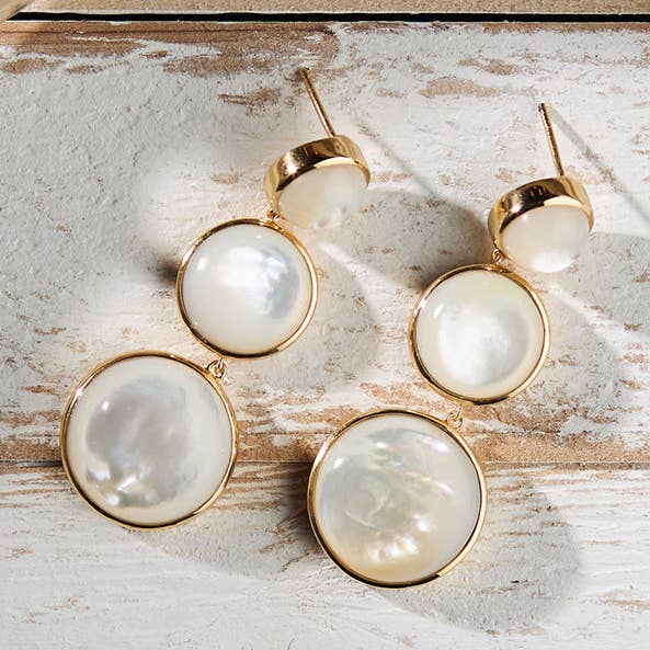 Round We Go Drop Earrings in Mother of Pearl for wholesale by Laura Foote Designs