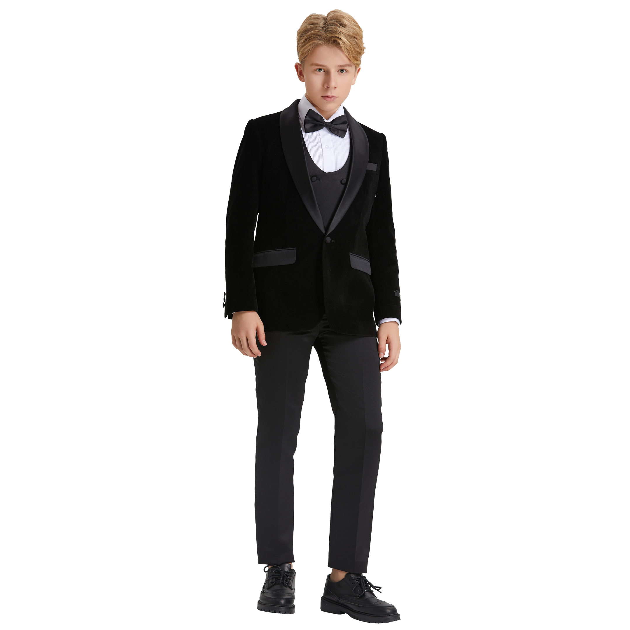 Suits America - Wholesale Suit Set - Kids - Velvet Boys Tuxedo Black 5pc w/ Bowtie & Tuxedo Dress Shirt3