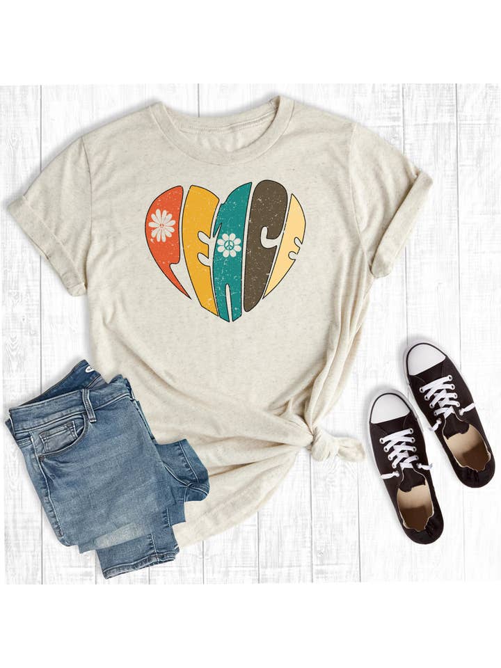 Rebel Rose - Wholesale Screen Printed T-Shirt - Women's - Retro Peace Heart Cream