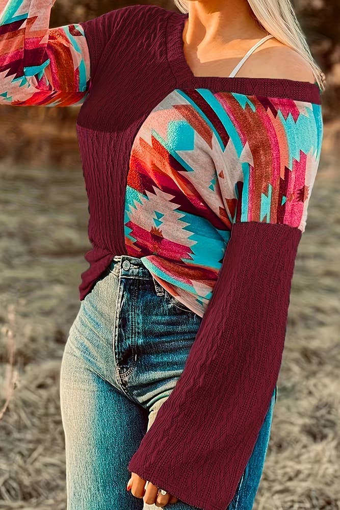 UNISHE – wholesale Knit top – Women's – Aztec Splicing Long Sleeves V Neck Western Knitting Top ZK10839