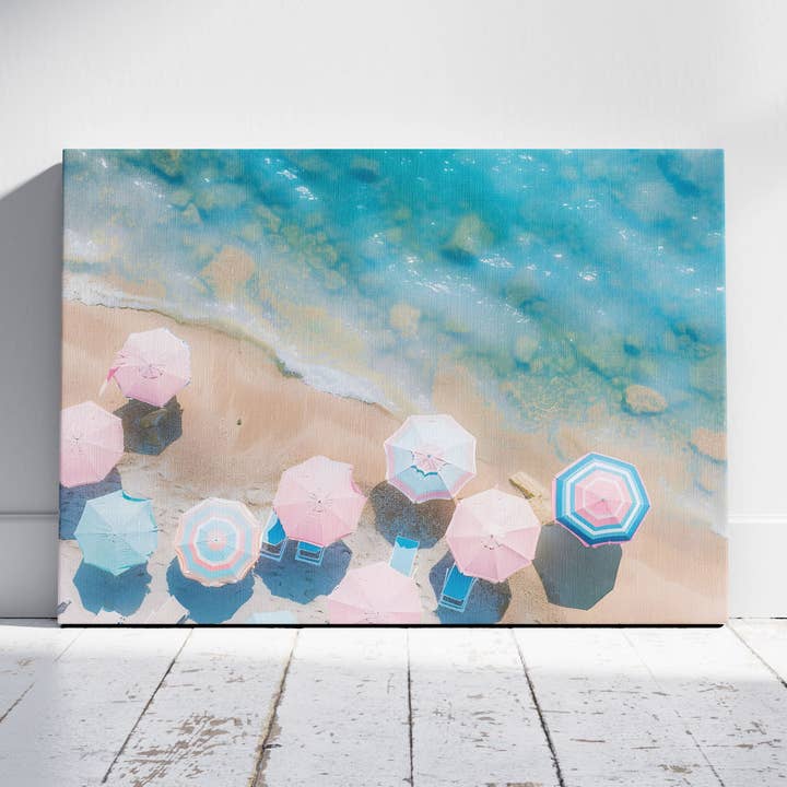 Pastel Beach Umbrellas and Blue Sea - Framed Canvas Wall Art Print for wholesale by House Prints