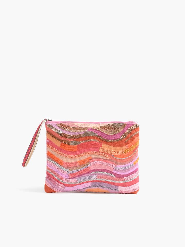 Orange to Mauve Ombre Embellished Top Zip Clutch for wholesale by America & Beyond