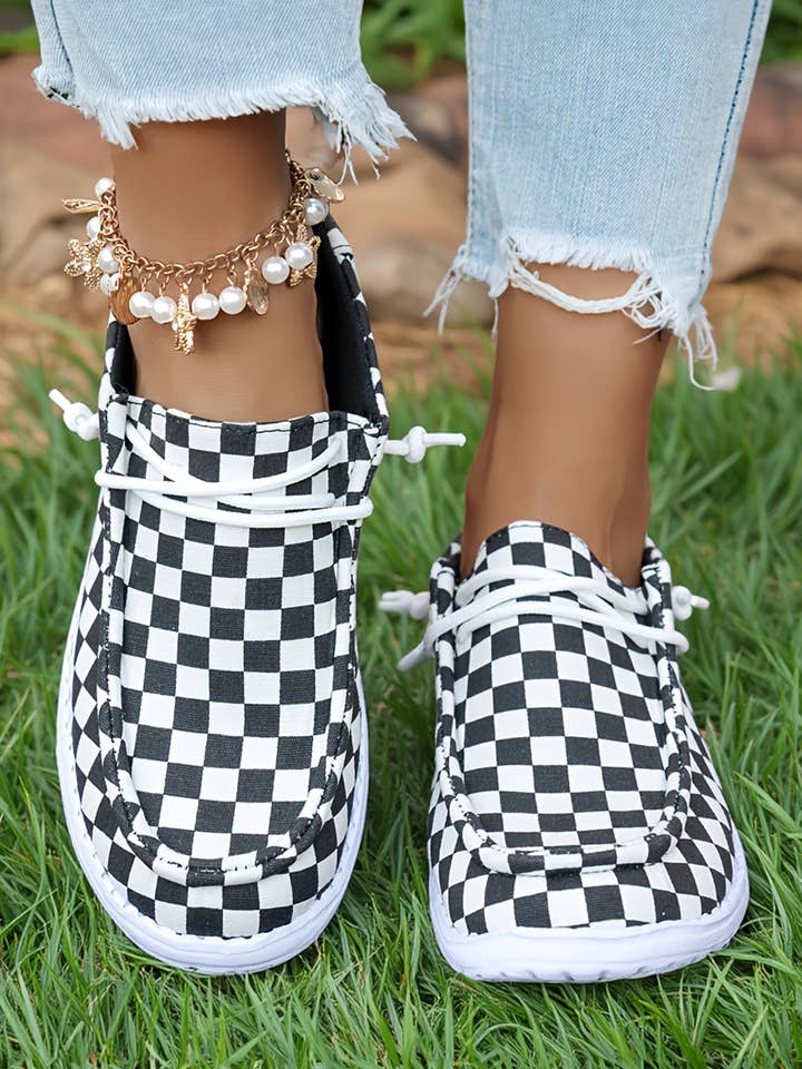 Scarpe piatte con dettaglio allacciato a quadri/stampa leopardata per la vendita all'ingrosso da parte di 66DISCO