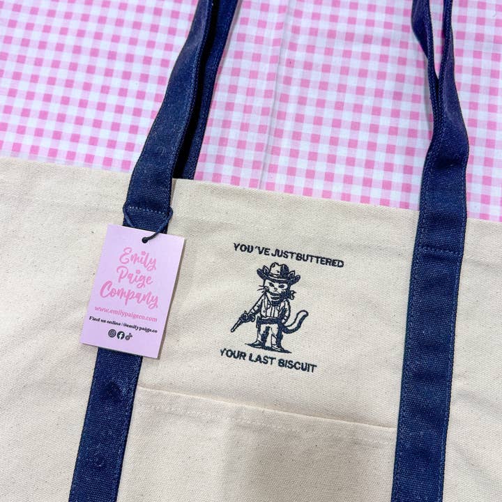 Geborduurde Canvas Tas "Buttered Your Last Biscuit" voor wholesale door Emily Paige Company