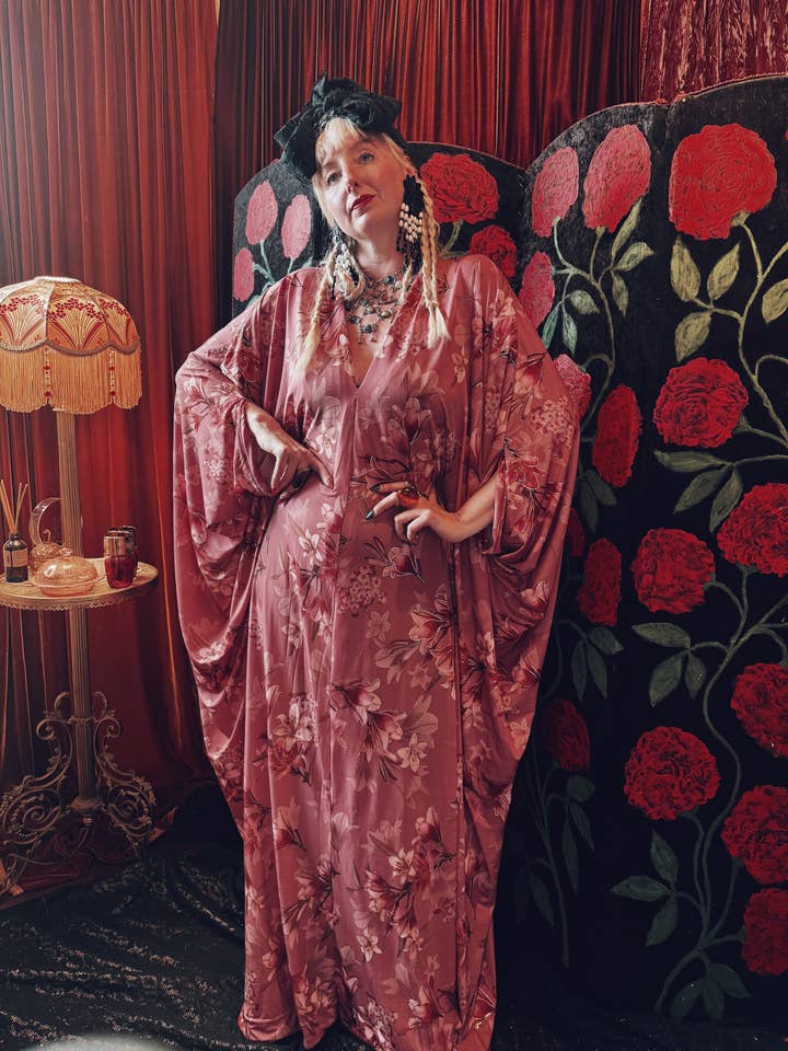 Petals at Dusk Floral Slinky V-Neck Kaftan Gown for wholesale by Fumbalinas