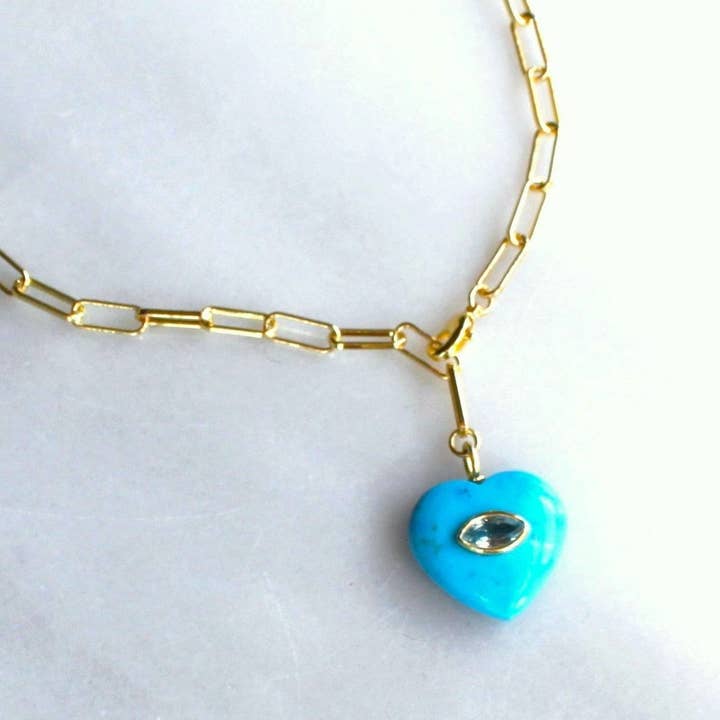 Collier Lariat Or Cœur Turquoise pour la vente par The Silver Wren