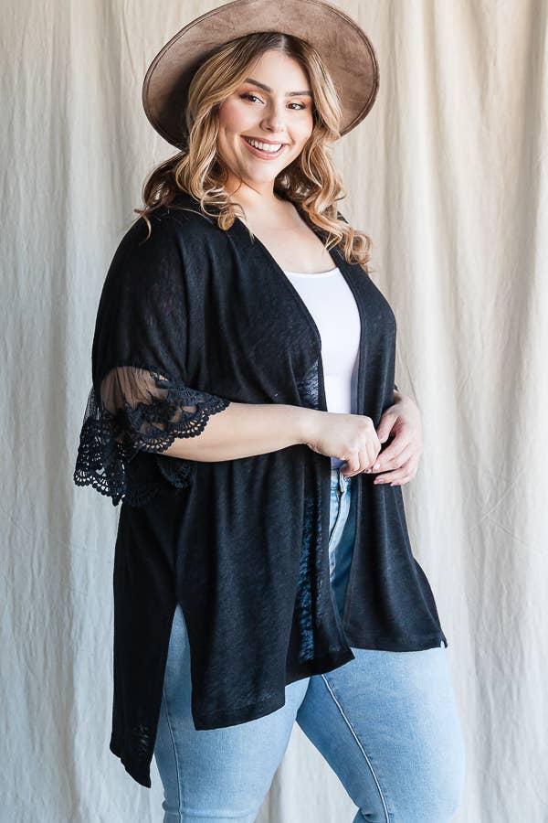 7th Ray – Engroshandel Cardigan - Dame – [PLUS SIZE] Cardigan til kvinder med blondeærmer til hverdagsbrug T4485XL18
