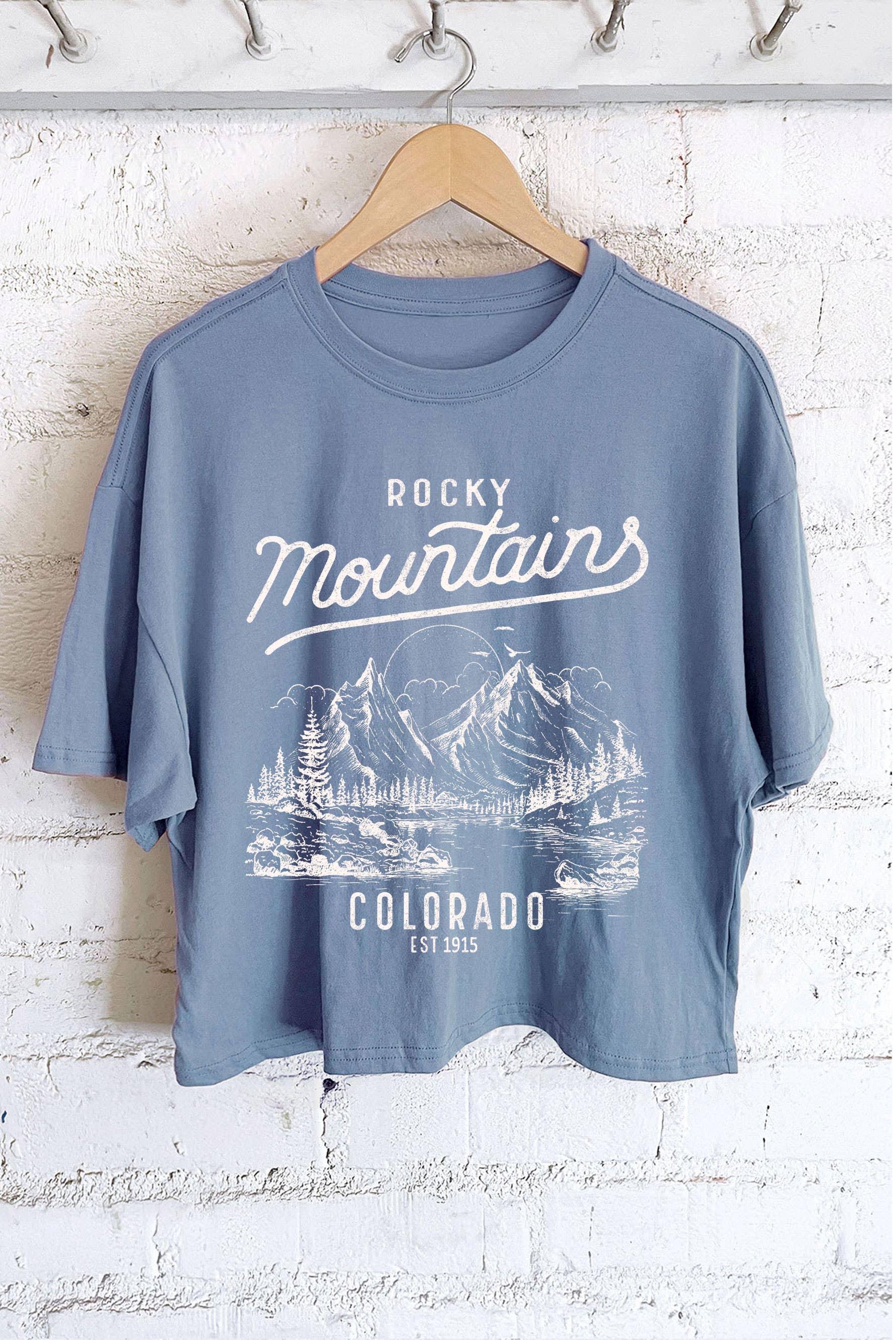 Rustee Clothing - Wholesale Screen Printed T-Shirt - Women's - ROCKY MOUNTAINS COLORADO GRAPHIC LONG CROP TOP 1