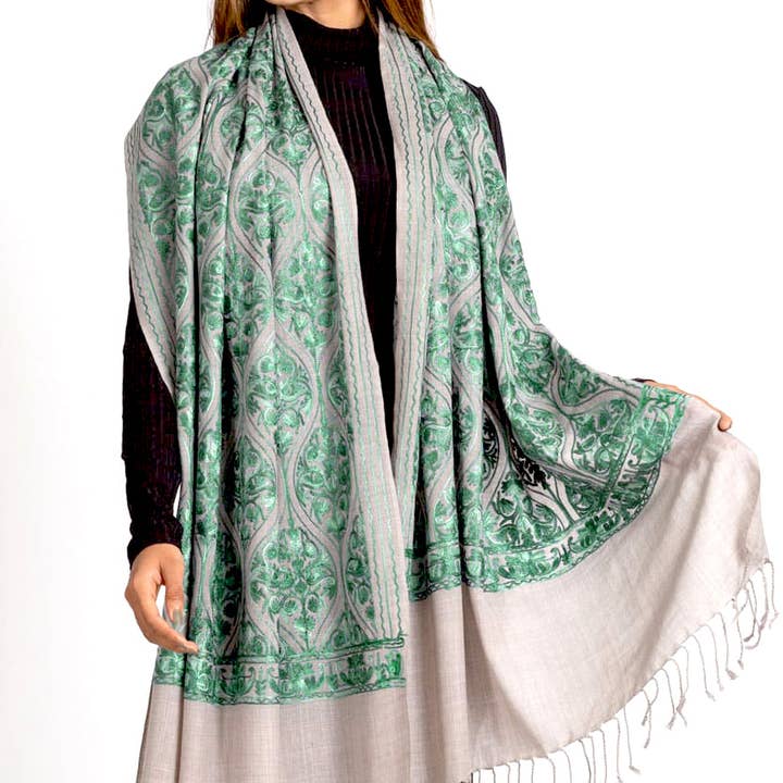 Silver Aqua Surani Embroidered Shawl for wholesale on Faire5