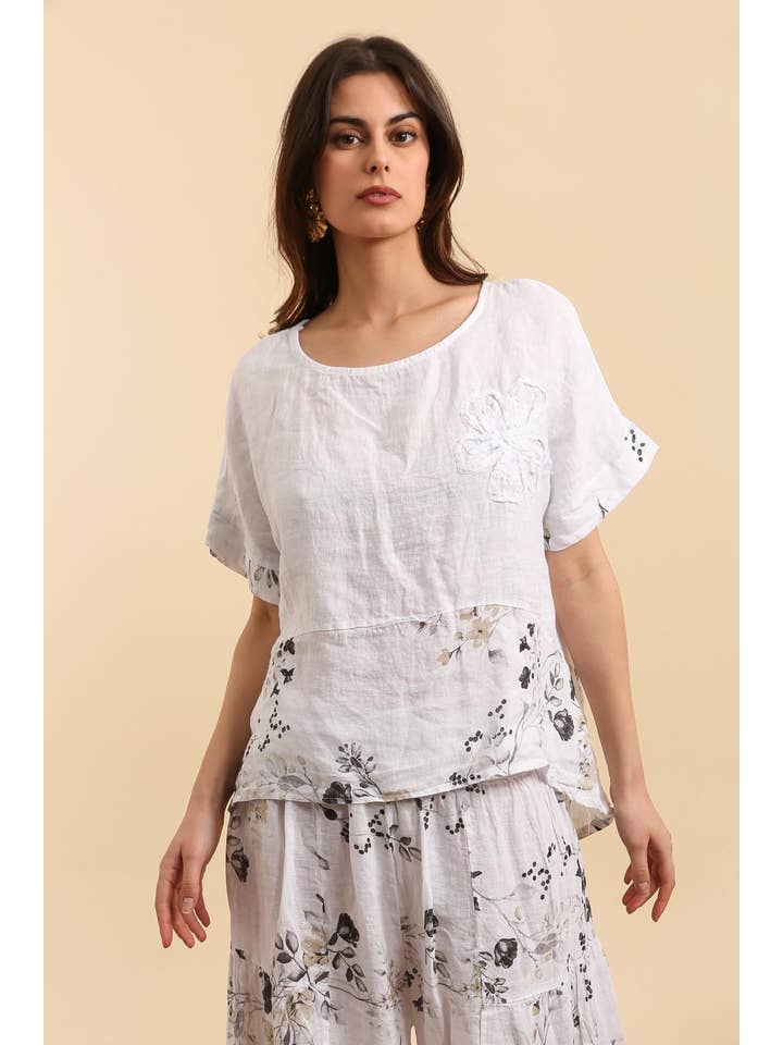 LÉA & LUC - Wholesale Tunic - Women's - Printed blouse with a flower in 100% Linen REF. 1206218