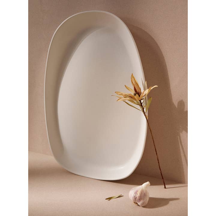 GHARYAN Stoneware & Olive Wood Tableware | USA - Wholesale Serving Plate - Handmade Stoneware Serving Platter - Long | Dadasi