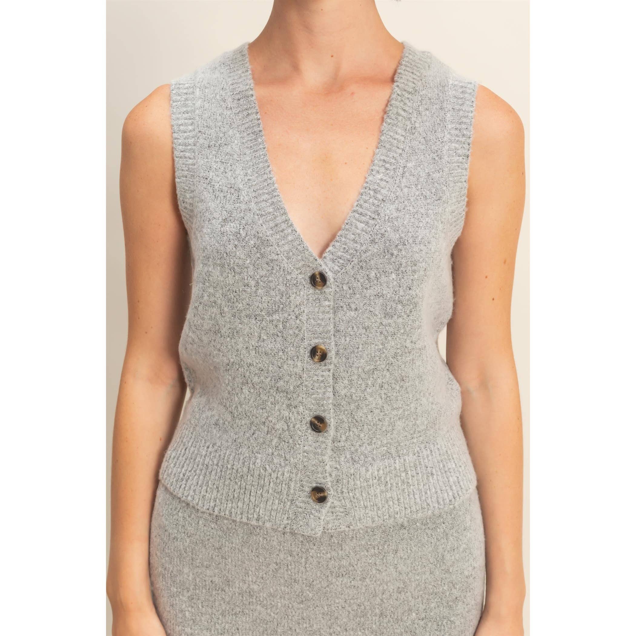 Double Zero - Wholesale Top & Skirt Set - Women's - Button Front Vest & Midi Skirt Knit Set25