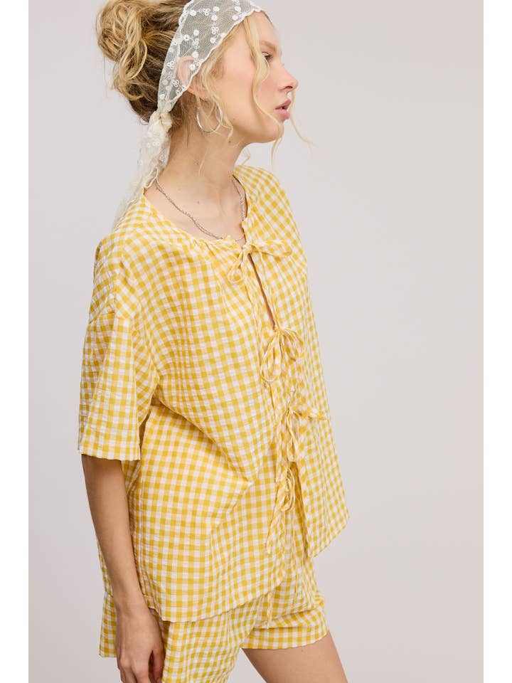 Mimosa - Wholesale Top & Short Set (NOT Loungewear) - Women's - Gingham Open Front Self Tie Top and Shorts Matching Set