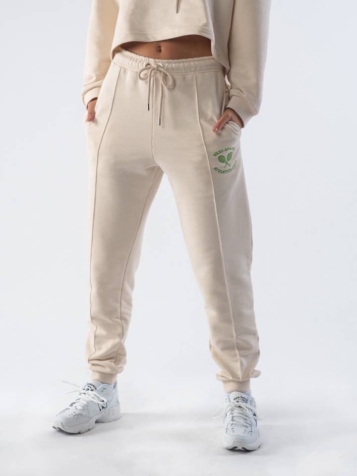Embroidered Pintuck Joggers in Eggnog for wholesale by WKND Apparel