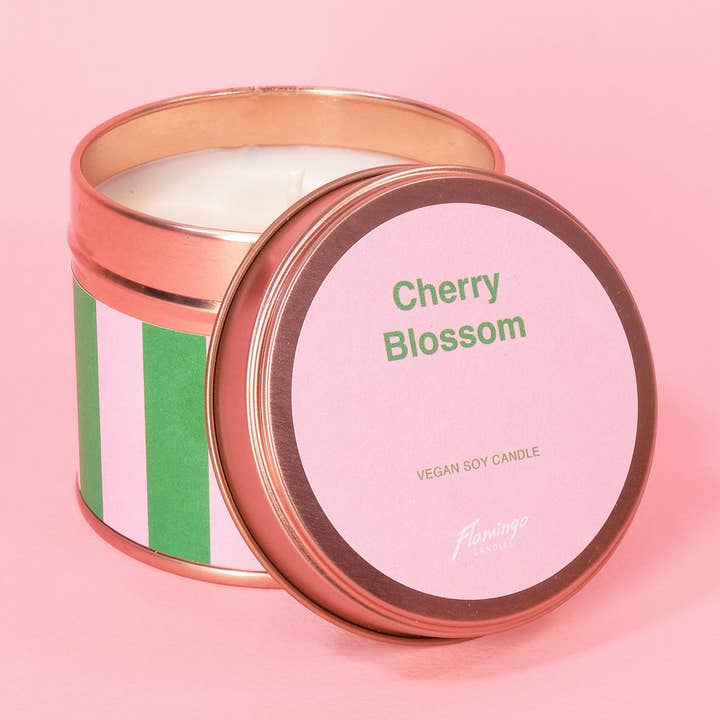 Cherry Blossom Pink & Green Stripe Tin Candle for wholesale by Flamingo Candles