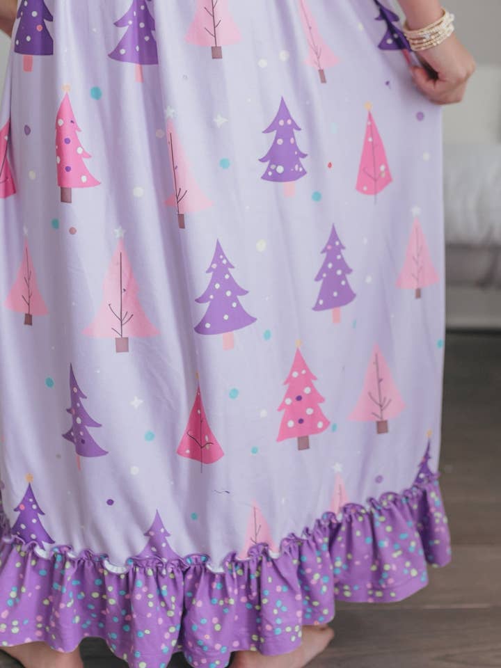 Oopsie Daisy - Wholesale Nightdress - Kids - Girls Purple Christmas Tree Holiday Ruffle Lounge Play Gown0