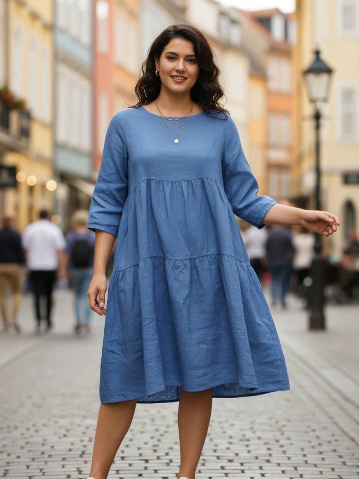 Plus size linen dress round neckline SKU 911577 for wholesale by Lea & Luc - Grandes Tailles