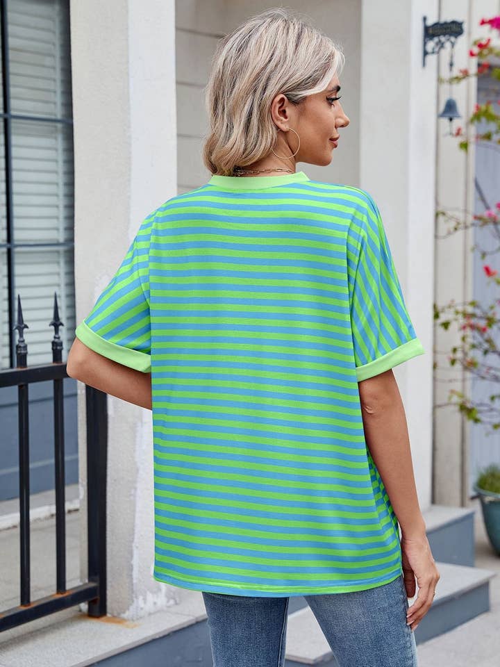 Lovesoft – wholesale T-shirt – women's – Striped Collision Round Neck Short-sleeved3