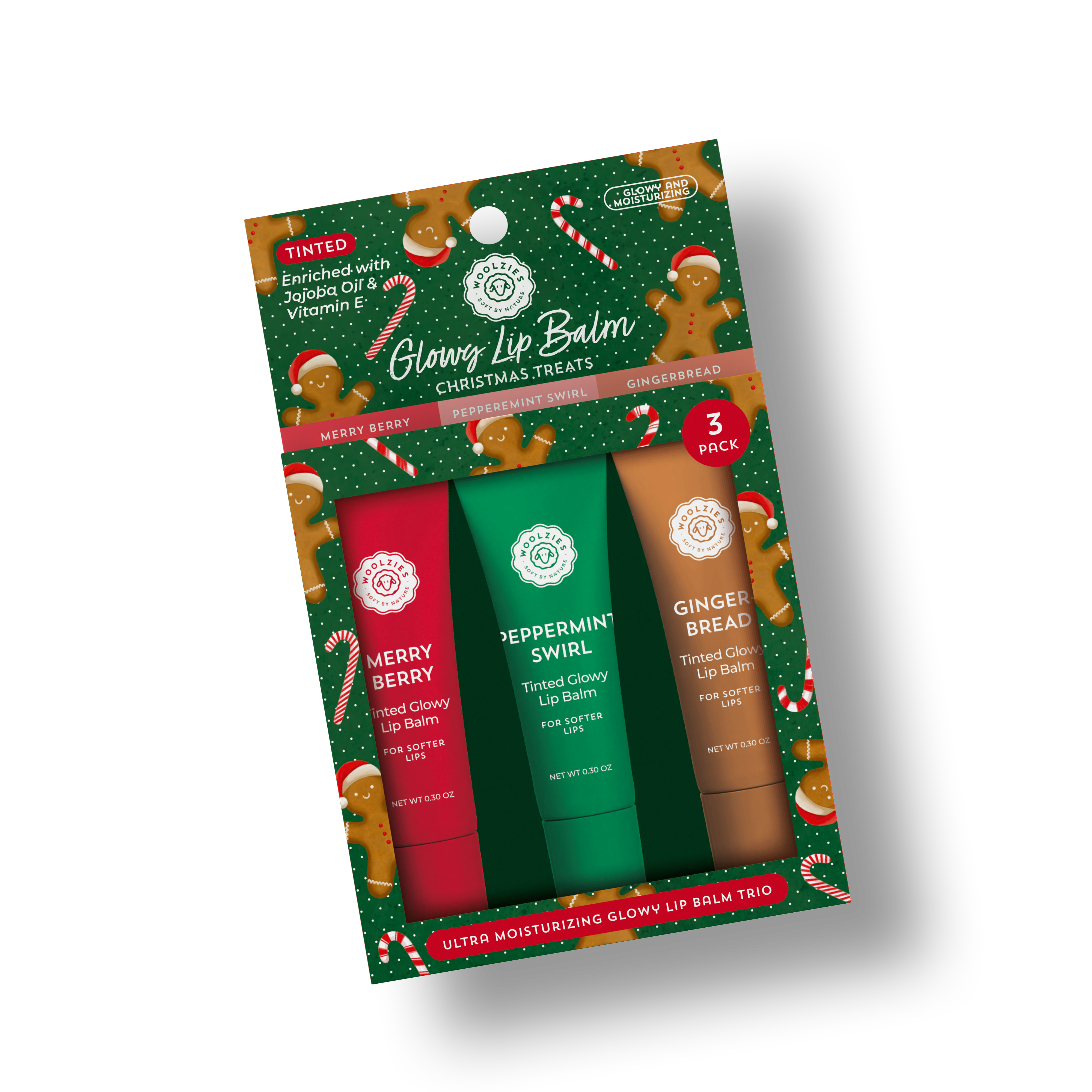Woolzies - Vente Assortiment de baumes à lèvres - Trio de baumes à lèvres lumineux Christmas Treats1