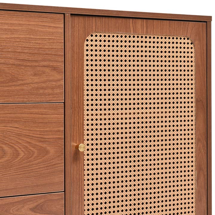 Urban Meuble - Wholesale Cabinet - Walnut wood effect sideboard with 2 doors and 3 rattan drawers, golden legs and handles 150*90*40cm URNO14