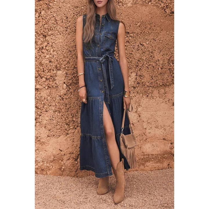 Westerse Denim Maxi-jurk met Meerdere Gespen voor wholesale door Paperdoll