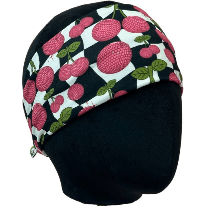 Bandeau extensible à cerises disco à carreaux pour la vente par The Sassy Olive Handmade Headbands
