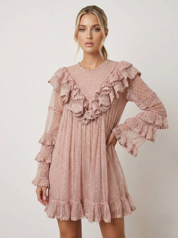 "Dahlia" Short Dress – Plumetis Tulle & Victorian Ruffles for wholesale by LILY MCBEE