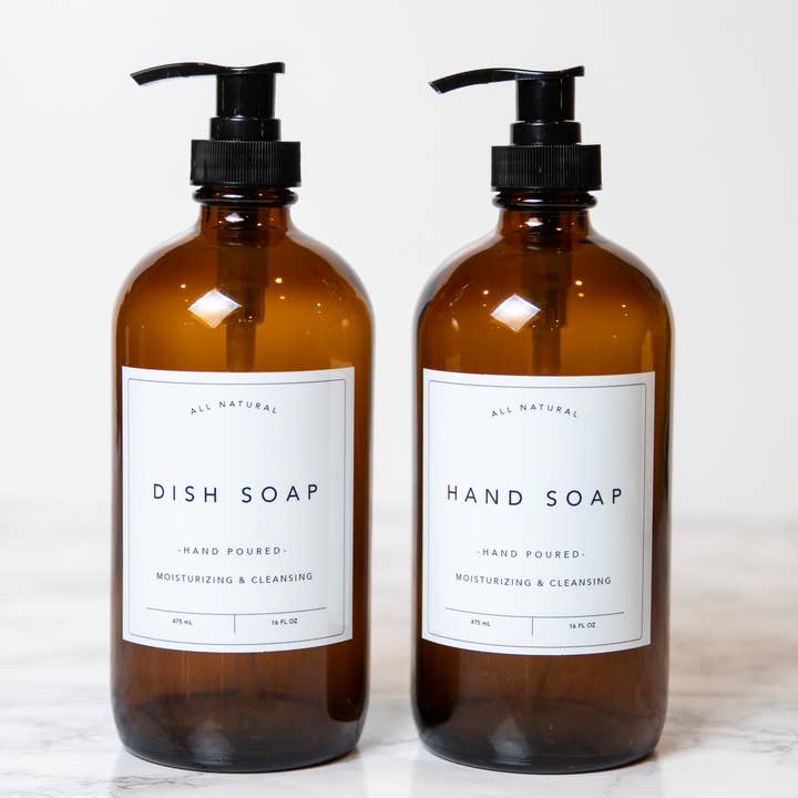 Joie Designs Co. | Refillable Bottles - Wholesale Soap Dispenser - Hand and Dish Soap Bottles - Classic Labels - Glass, Kitchen