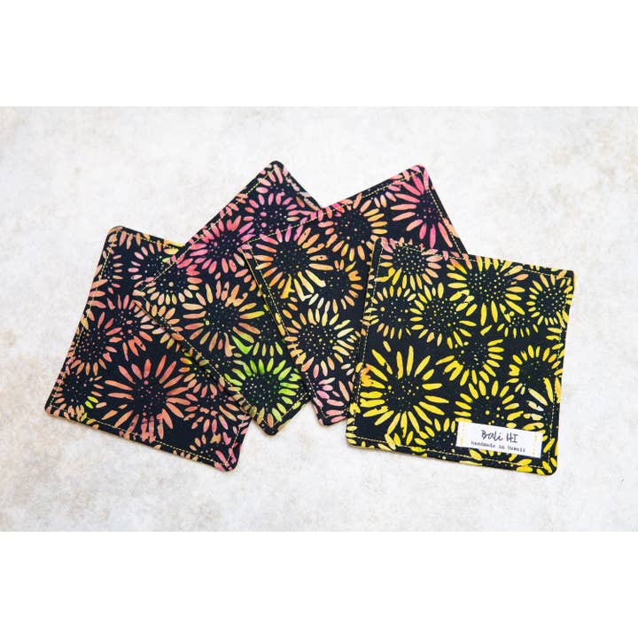 Sunflower Coasters, Batik Fabric Coasters, Handmade, Ships Fast!, Limited Quantity Left, Made in Hawaii for wholesale by shopbalihi