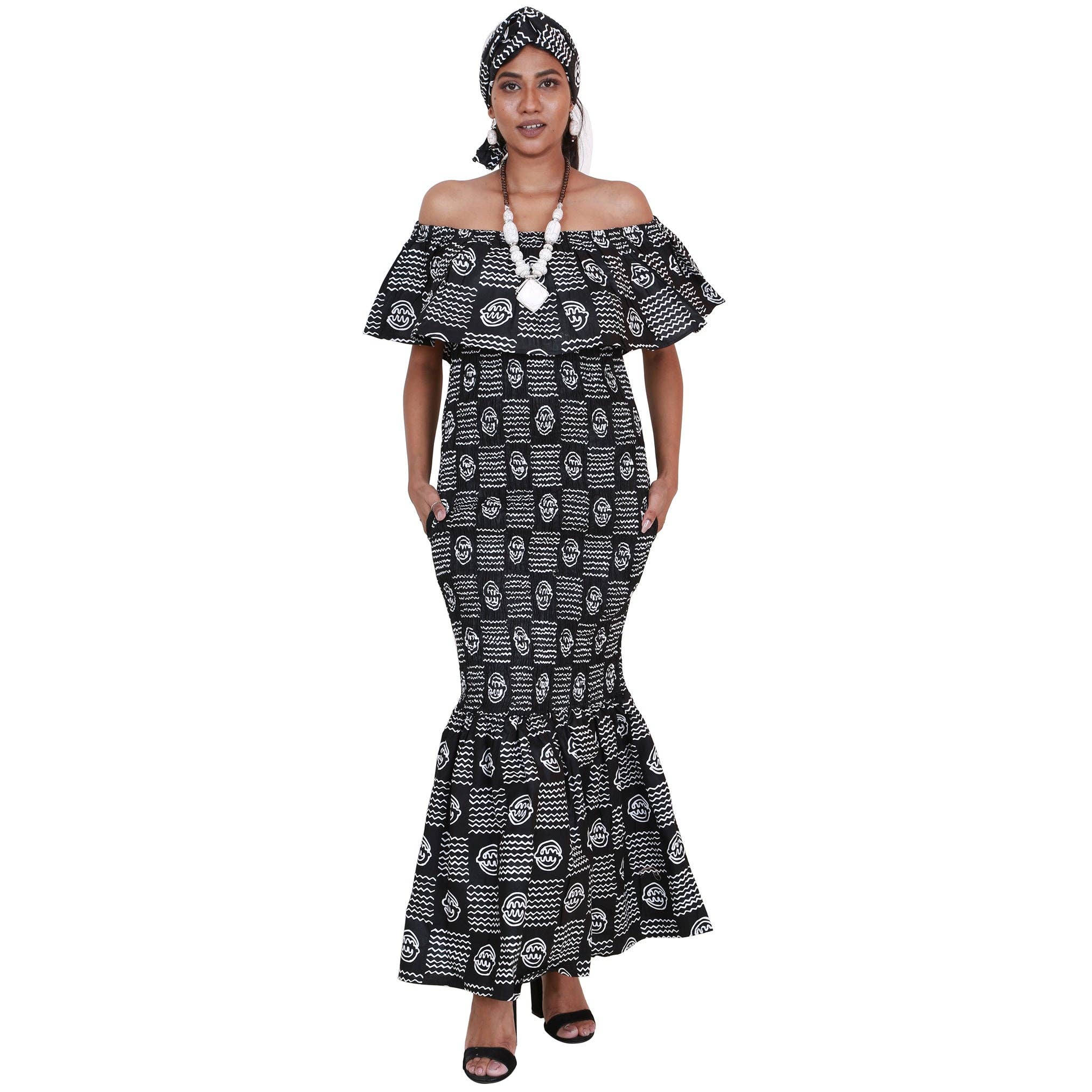 African Stars - Wholesale Dress - Women's - Women's Printed Smocking Off Shoulder Mermaid Dress - FI-P500776