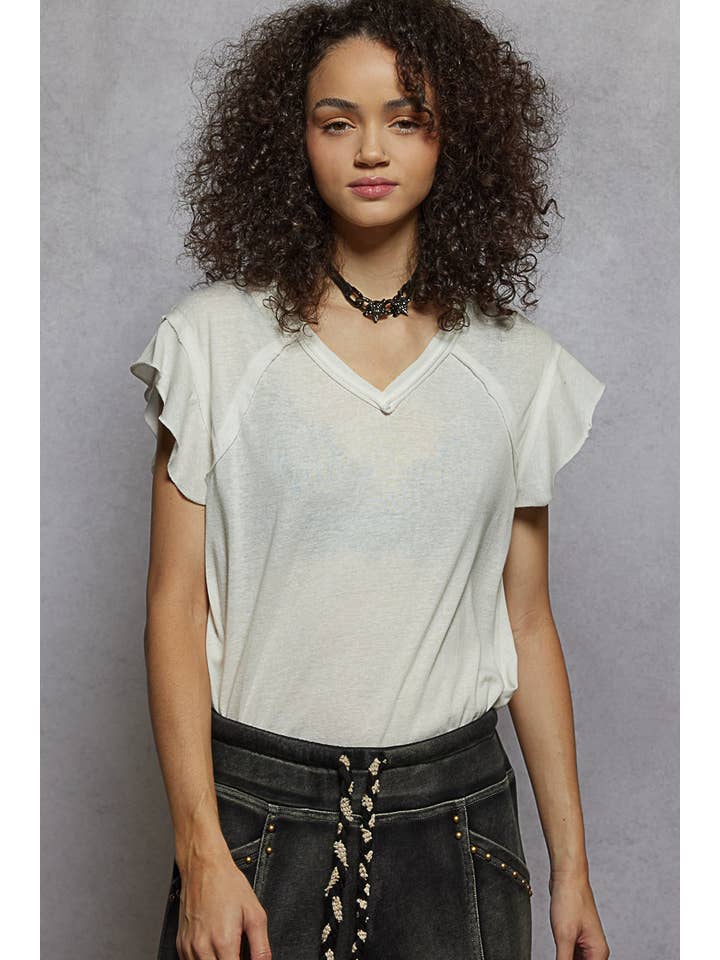 Pol Clothing - Wholesale T-Shirt - Women's - V-neck ruffle short sleeve solid basic cotton top31