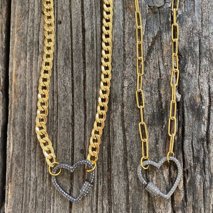 Sterling Silver then Gold Plated Necklace with Pave Diamond Heart Carabiner for wholesale by ILISSA MICHELE JEWELRY