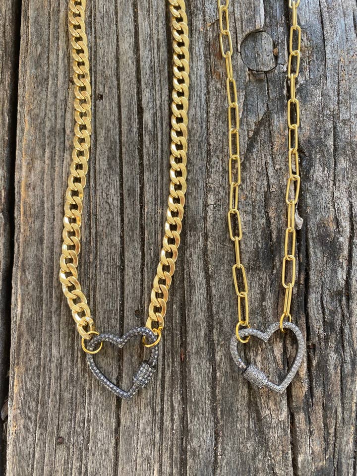Sterling Silver then Gold Plated Necklace with Pave Diamond Heart Carabiner for wholesale by ILISSA MICHELE JEWELRY