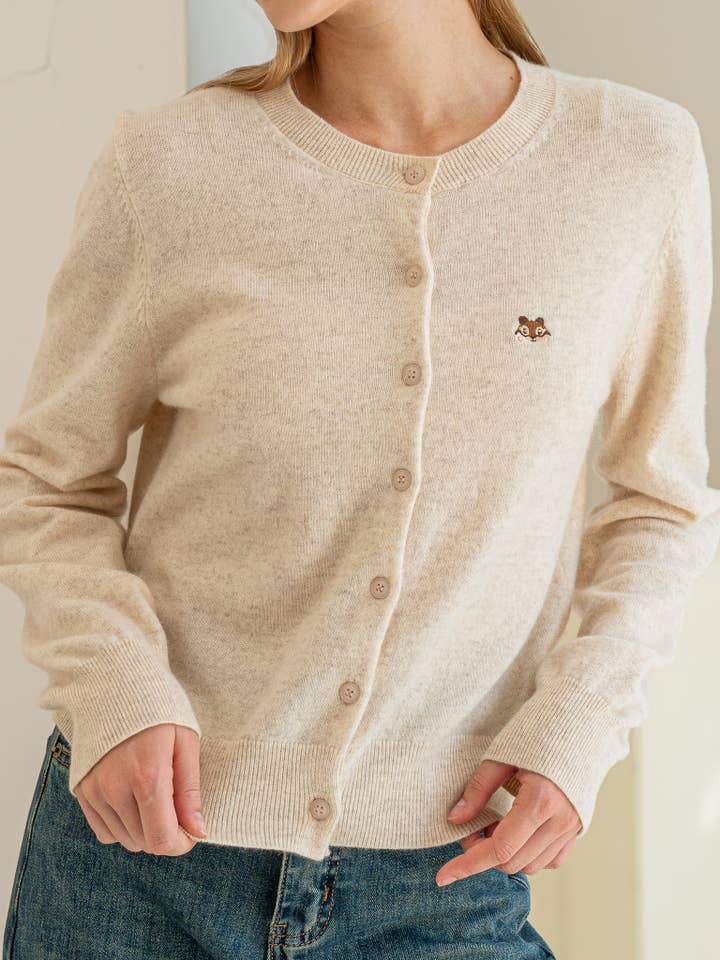 ROSIE POSIE - Wholesale Cardigan - Women's - 100% Wool Beige Cardigan with Squirrel Motif