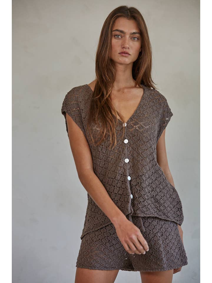 Chocolate W1884 | Knit Sweater Cotton Straight Leg Shorts for wholesale on Faire1