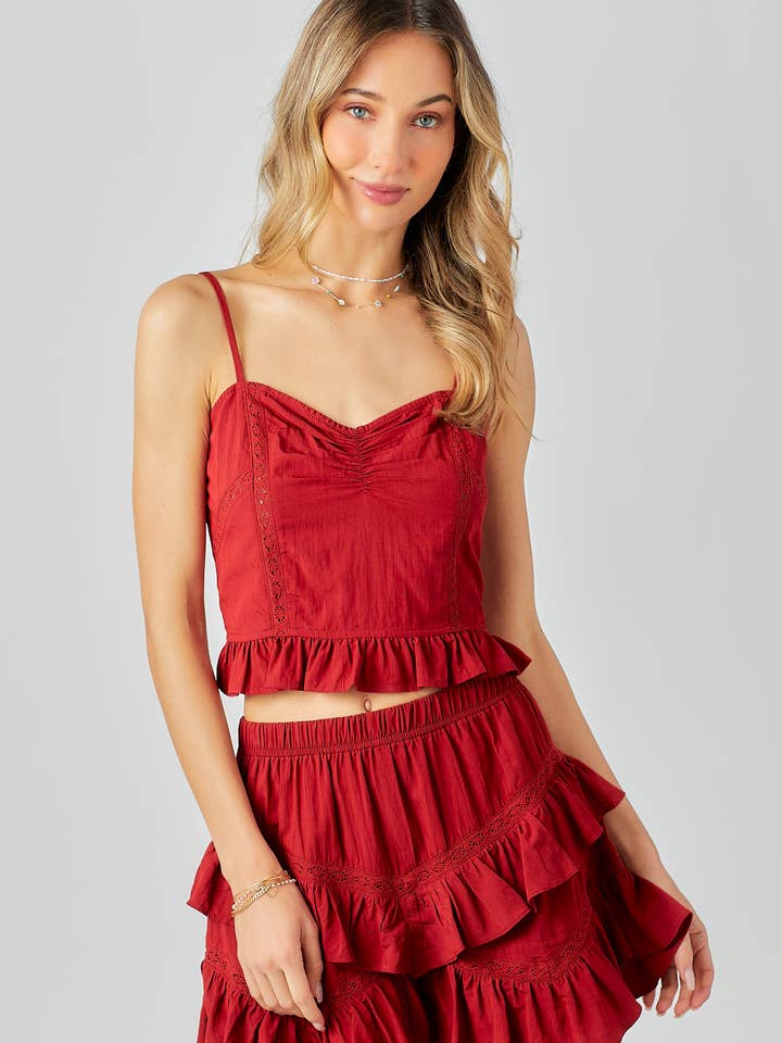 Gameday Lace Ruffle Bottom Back Lace Up Cami Top for wholesale by BABY PINK