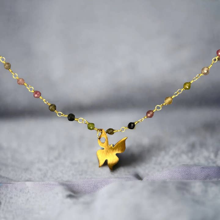 Tourmaline Gold Butterfly Necklace - Gemstone for wholesale by MadamLili