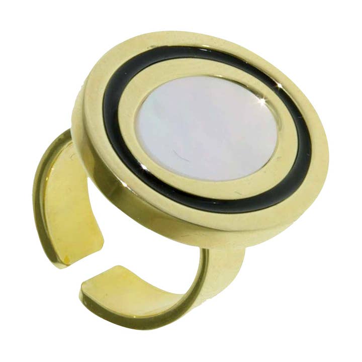EP-Ring aus 18-karätigem Gold mit Perlmutt und schwarzer Emaille (Größe 7) für den Großhandel von Luxe on Main LLC