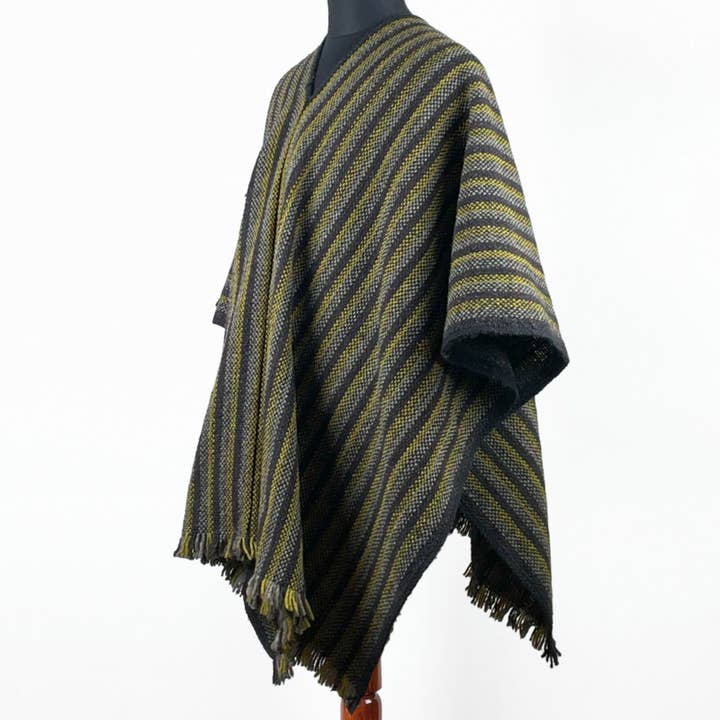 Llama ull Unisex Sydamerikanska Handvävda Serape Poncho - tunna ränder - svart-pistage för wholesale av ECUALAMA