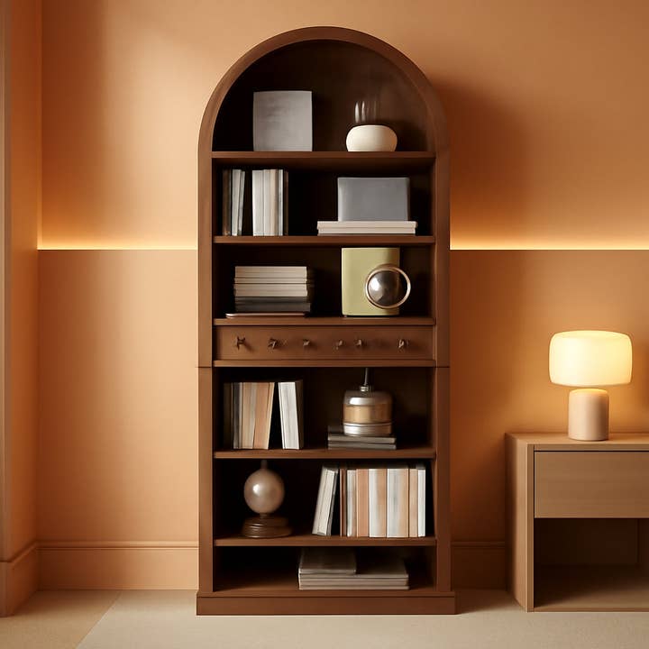 Walnut Arched Bookshelf Six Tiered Concealed Drawer for wholesale by ShipItFurniture